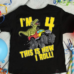 T-Rex Dinosaur 4 Year Old Birthday Boy Shirt, Four Year Old Shirt, 4th Birthday Shirt, Fourth Birthday Shirt Toddler Monster Truck Birthday