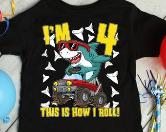 Shark 4 Year Old Birthday Boy Shirt, Four Year Old Shirt, 4th Birthday Shirt, Fourth Birthday Shirt Toddler Monster Truck Birthday