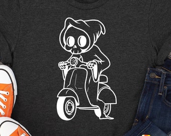 Grim Reaper Riding A Scooter Shirt, Skeleton Sweatshirt, Skull Tshirt, La Muerte T-Shirt, Grim Reaper Hoodie, Occult Shirt, Goth Gifts