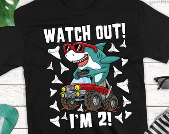 Camiseta de jugador de camión monstruo tiburón para niños y niñas de 2 años y 2.º cumpleaños, camiseta para niños y niñas, futuro biólogo marino, fiesta en la piscina de la Semana del Tiburón