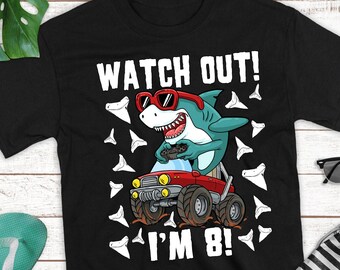Camiseta de jugador de camión monstruo tiburón de 8 años, 8.º cumpleaños, niño y niña, niños/futuro biólogo marino, fiesta en la piscina de la Semana del Tiburón