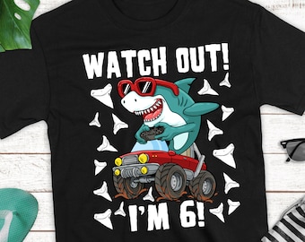 Six 6 Years Old 6th Year Birthday Shark Monster Truck Gamer Shirt Boy Girl Kids / Future Marine Biologist Shark Week Pool Party Tee