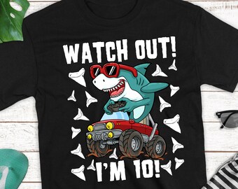Camiseta de jugador de camión monstruo tiburón para niño y niña, décimo cumpleaños, 10 años, para niños y niñas, futuro biólogo marino, fiesta en la piscina de la Semana del Tiburón