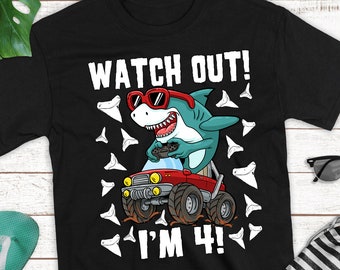 Camiseta de jugador de camión monstruo tiburón para niño y niña, para cumpleaños de 4 años, para niño y niña, para fiesta en la piscina de la Semana del Tiburón, para futuros biólogos marinos