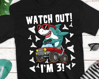 Camiseta de jugador de camión monstruo tiburón para niño y niña, para cumpleaños de 3 años, para niño y niña, para fiesta en la piscina de la Semana del Tiburón, para futuros biólogos marinos