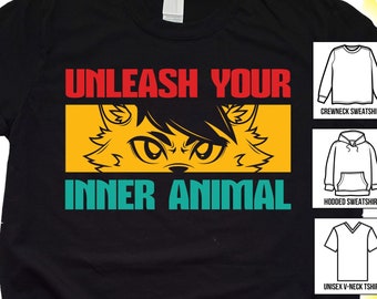 May include: Black t-shirt with the text "UNLEASH YOUR INNER ANIMAL" in red and teal. The design features a stylized yellow cat face. Additional shirt styles are shown on the right.