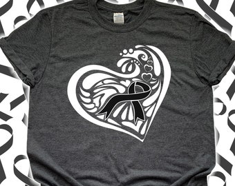 Black Heart Ribbon Melanoma Cancer Awareness Shirt for Women Men Teen Kids Tee / Sweatshirt / Hoodie / Throat Cancer Survivor Ribbon Gift