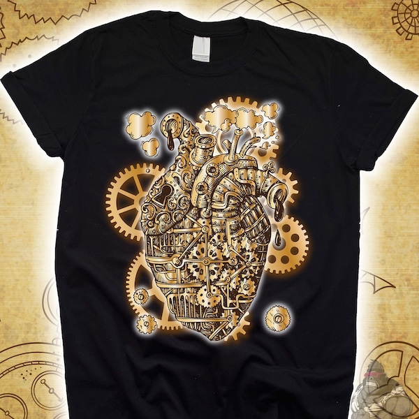 Goldenes Herz Steampunk Shirt für Kinder Frauen Männer, Sci-Fit T-Shirt, Steampunk Kunst Zeichnungen, Steampunk ästhetischer Hoodie, Fantasy viktorianische Ära