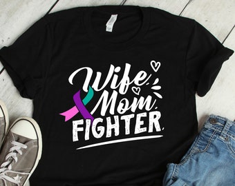Wife Mom Fighter Thyroid Cancer Ribbon Shirt Awareness Women Men Kids / Raglan / V Neck / Tank Top / Hoodie / Mother Gift T-Shirt