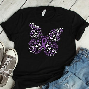 Butterfly Pancreatic Cancer Ribbon Shirt Awareness Women Men Kids / Raglan / V Neck / Tank Top / Hoodie / Aunt Mother Grandma T-Shirt