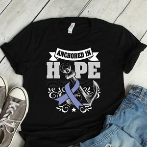 Anchored In Hope Stomach Cancer Periwinkle Pearl Ribbon Shirt Awareness Women Men Kids / Raglan / V Neck / Tank Top / Hoodie / T-Shirt image 1