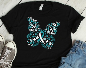 Butterfly Ribbon Cervical Cancer Shirt Awareness Women Men Kids / Raglan / V Neck / Tank Top / Hoodie / Aunt Mother Grandma T-Shirt