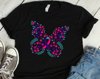 Butterfly Ribbon Thyroid Cancer Shirt Awareness Women Men Kids / Raglan / V Neck / Tank Top / Hoodie / Aunt Mother Grandma T-Shirt