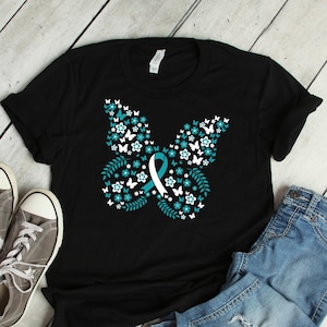 Butterfly Ribbon Cervical Cancer Shirt Awareness Women Men Kids / Raglan / V Neck / Tank Top / Hoodie / Aunt Mother Grandma T-Shirt