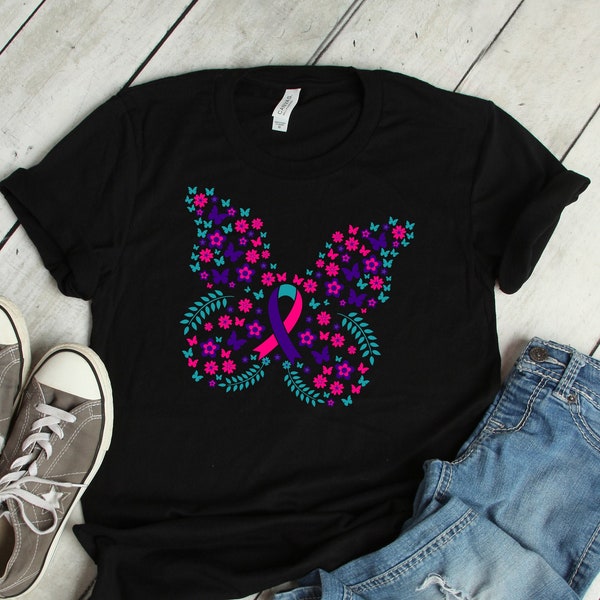 Butterfly Ribbon Thyroid Cancer Shirt Awareness Women Men Kids / Raglan / V Neck / Tank Top / Hoodie / Aunt Mother Grandma T-Shirt