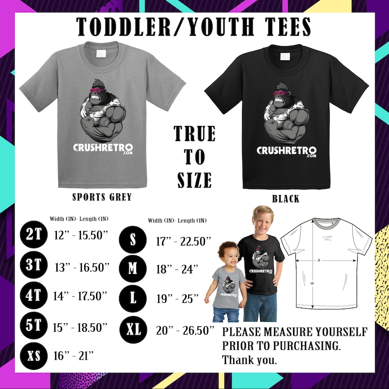 Pu&ograve; includere: T-shirt grigio sport e nero per bambini/ragazzi con grafica gorilla e la scritta "CRUSHRETRO.COM". La tabella delle taglie include misure in pollici per le taglie 2T a XL. L'immagine include anche la scritta "TRUE TO SIZE".