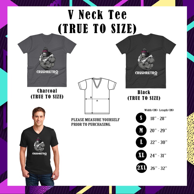 Pu&ograve; includere: T-shirt con scollo a V nere e grigio antracite con grafica di un gorilla e testo "CRUSHRETRO". La tabella taglie mostra le misure in pollici, equivalenti a circa 46-71 cm (S) a 66-81 cm (2XL). Il testo recita "SI PREGA DI MISURARSI PRIMA DELL'ACQUISTO."