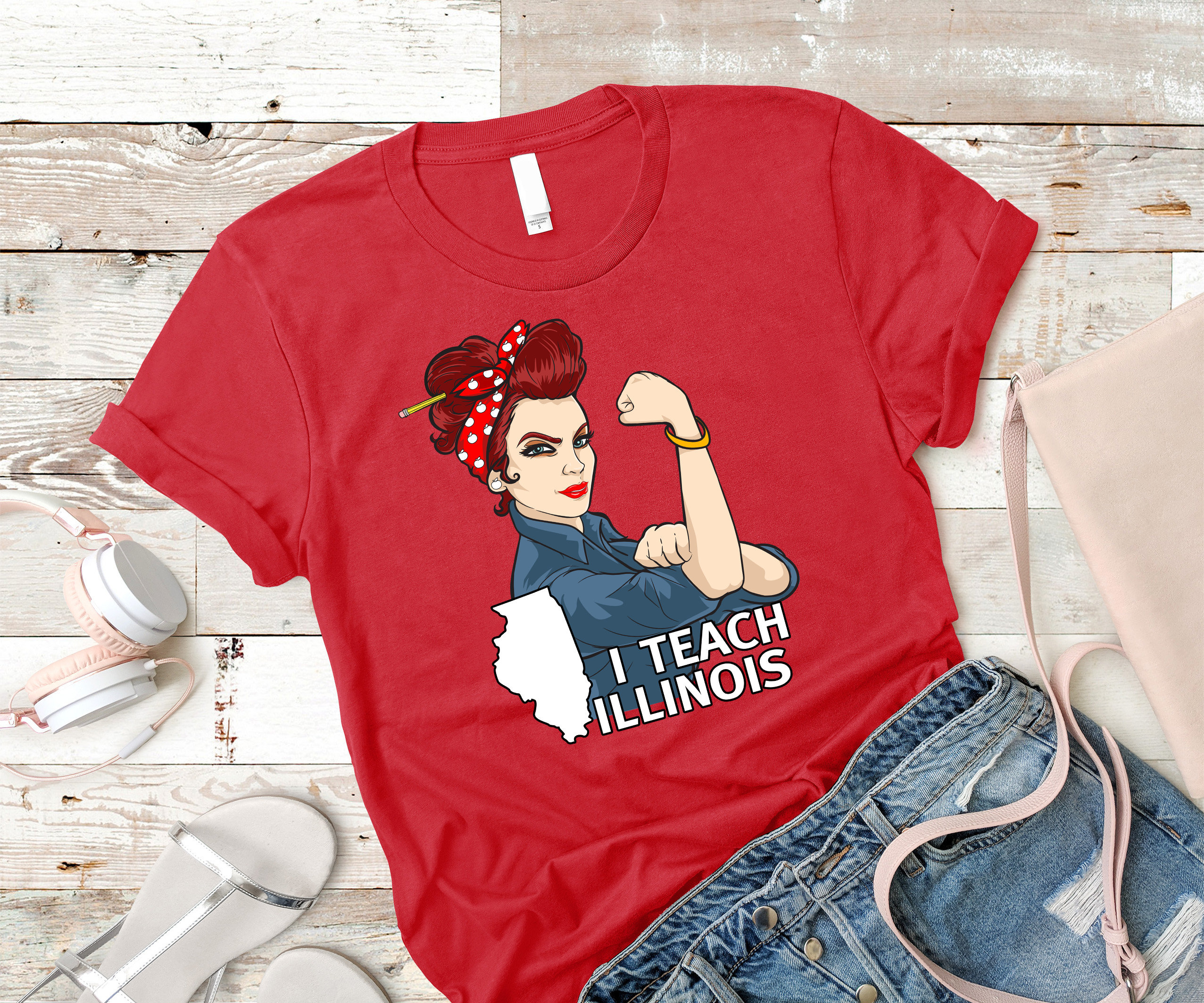 Illinois Teacher Rosie the Riveter Union Red for Ed Shirt Women