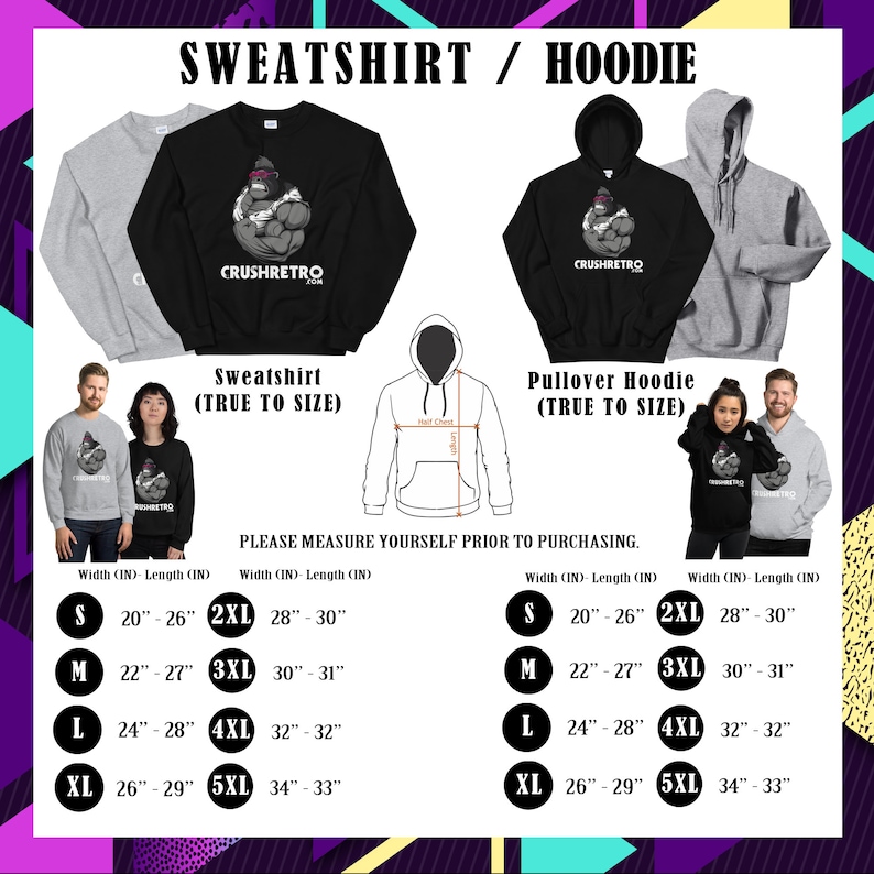 Pu&ograve; includere: Immagine che presenta una felpa e una felpa con cappuccio, entrambe con una grafica di gorilla e il testo "CRUSHRETRO.COM". Sono incluse tabelle delle taglie con misure in centimetri, che vanno dalla S alla 5XL. Il testo "SWEATSHIRT / HOODIE" &egrave; in alto.