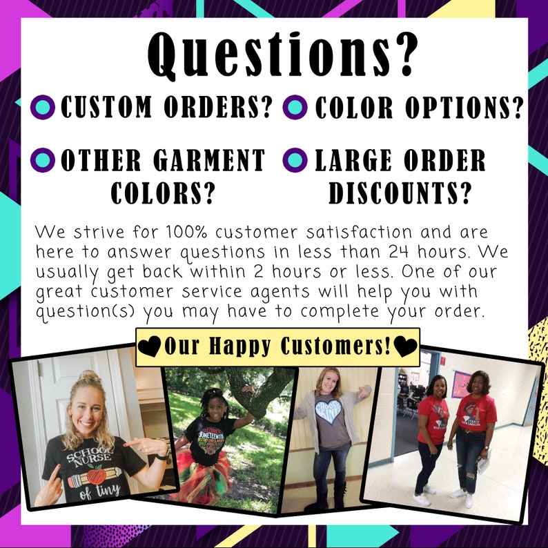 Pu&ograve; includere: Grafica promozionale con la domanda "Domande?" in alto. Elenca le opzioni per ordini personalizzati, opzioni di colore, altri colori di abbigliamento e sconti per ordini di grandi dimensioni. Sono incluse testimonianze dei clienti.