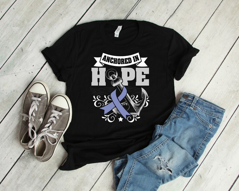 Anchored In Hope Stomach Cancer Periwinkle Pearl Ribbon Shirt Awareness Women Men Kids / Raglan / V Neck / Tank Top / Hoodie / T-Shirt image 1