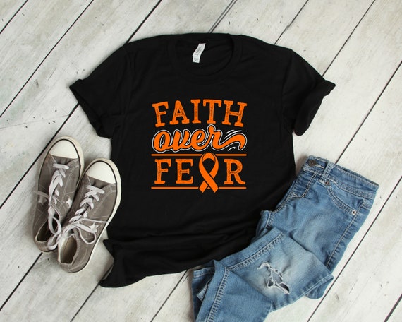 Faith Over Fear Kidney Cancer Orange Pearl Ribbon Shirt Awareness Women Men Kids / Raglan / V Neck / Tank Top / Hoodie / T-Shirt