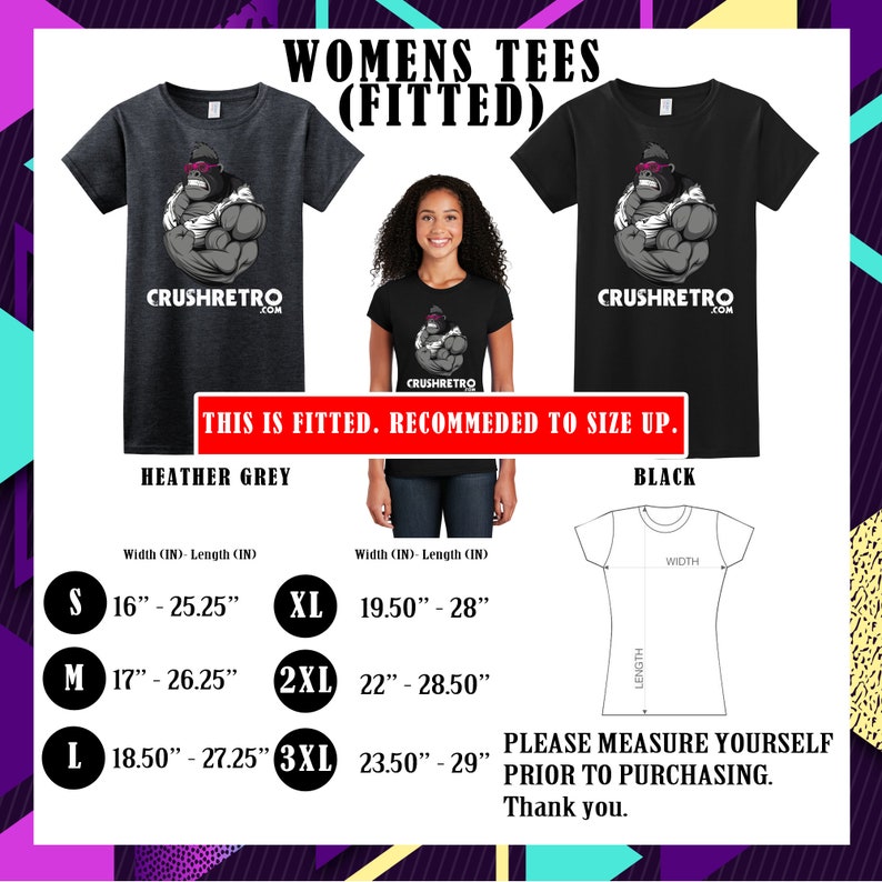 Pu&ograve; includere: Due t-shirt da donna aderenti, una grigio melange e una nera, con grafica di gorilla e testo "CRUSHRETRO.COM". Le tabelle delle taglie mostrano le misure in pollici, la t-shirt pi&ugrave; piccola misura 40.6 cm di larghezza e 64.1 cm di lunghezza.
