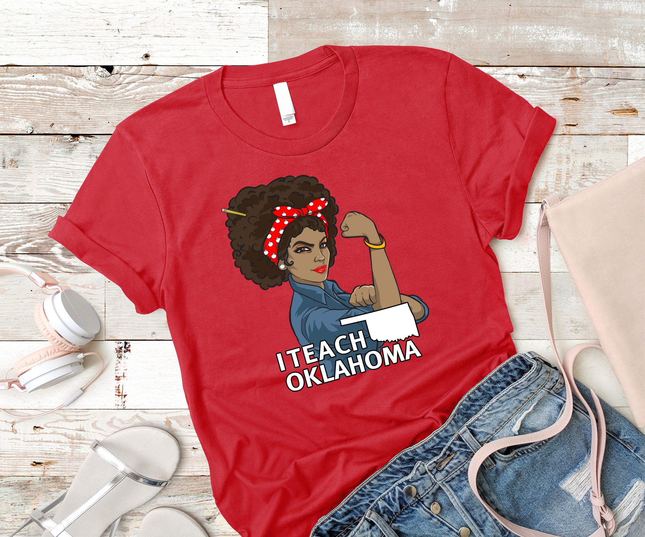 Oklahoma Teacher Rosie The Riveter Red for Ed Shirt Women Men Kids / Hoodie / Raglan 3/4 Sleeve / V Neck Tee / Coffee Mug / Sweatshirt