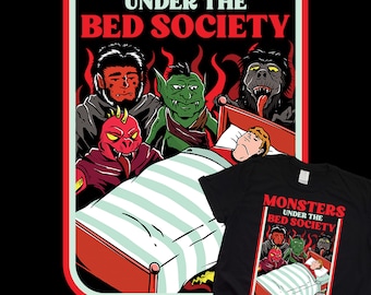 Monsters Under the Bed Society Shirt | Retro Horror Humor Tee | Creepy Kids Book Style Hoodie | Funny Scary T-Shirt | Vintage Parody Graphic
