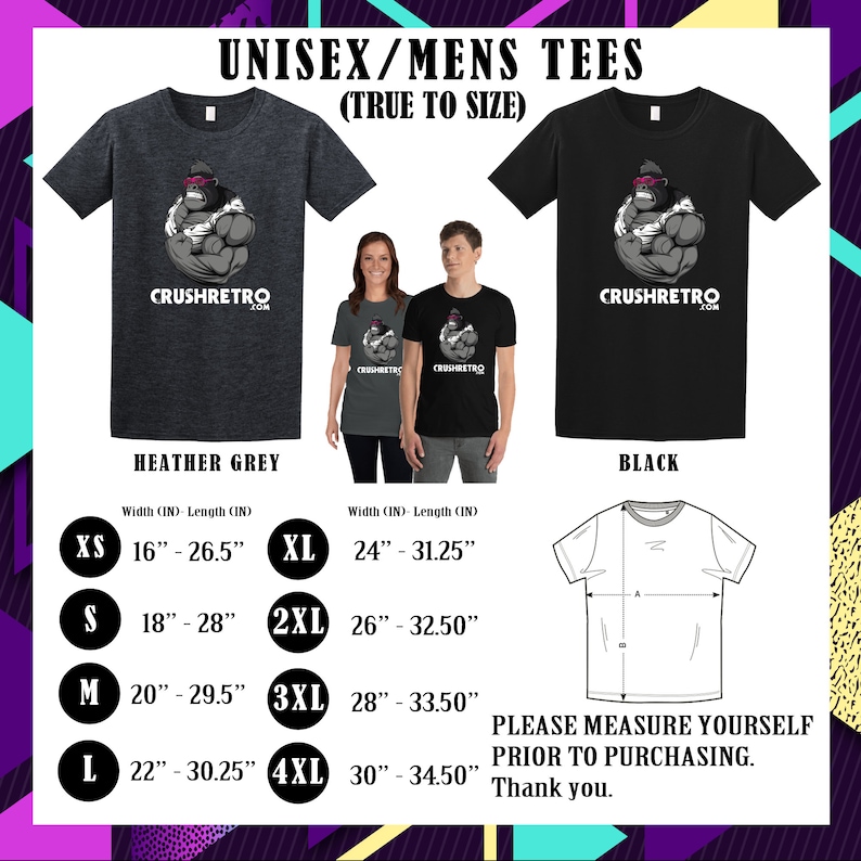 Pu&ograve; includere: T-shirt grigie m&eacute;lange e nere con una grafica di un gorilla con occhiali da sole e che mostra i muscoli. Il testo "CRUSHRETRO.COM" &egrave; sotto. Sono incluse tabelle delle taglie con misure in pollici. Le magliette sono etichettate "UNISEX/MENS TEES".