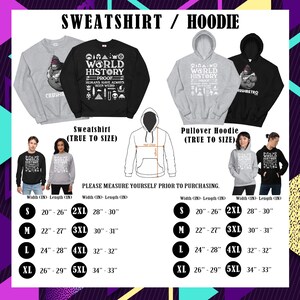 May include: A size chart for sweatshirts and pullover hoodies. The chart shows the width and length in inches for sizes S, M, L, XL, 2XL, 3XL, 4XL, and 5XL. The text "World History Proof Humans Have Always Been Weird" is printed on the sweatshirts and hoodies.