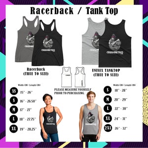 Pu&ograve; includere: Immagine di canotte racerback e unisex, grigie e nere, ciascuna con una grafica di gorilla. Sono incluse tabelle delle taglie, con misure in pollici per XS a 2XL. Il testo 'CRUSHRETRO' &egrave; visibile.