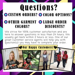 May include: A colorful graphic with the text "Questions?" and a list of questions about custom orders, color options, other garment colors, and large order discounts. The graphic also includes a photo collage of happy customers wearing custom shirts.