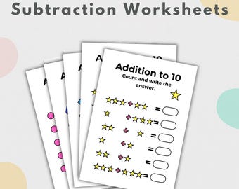 Mathe Arbeitsblätter PDF | 10 Arbeitsblätter zum ausdrucken, addieren und subtrahieren | Lernaktivitäten für Vorschul- und Kindergartenkinder | Sofort Download