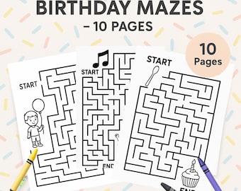 Birthday Mazes for Kids | 10 Printable Activity Pages | Birthday Party Games | PDF Worksheets | Instant Download