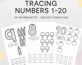 Verfolgungszahlen 1–20 Arbeitsblätter | 20 druckbare Mathe-Seiten für die Vorschule und den Kindergarten | PDF Sofortdownload