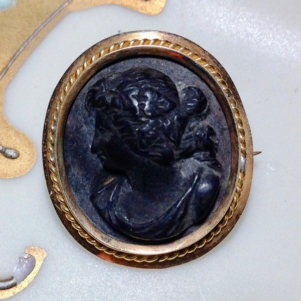 Antique Victorian Black Lava Mourning Cameo Brooch, Circa 1880's, Fine Details, High Relief Cameo, 14K and Silver Vermeil