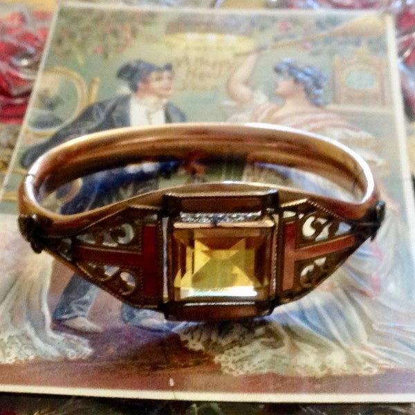 Antique Victorian S.O. Bigney & Co Gold Filled Faux Topaz Ornate Bangle Bracelet in Original Box