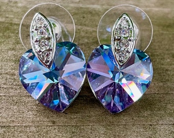 Vintage Retired Joan Rivers Clear Rhinestone & Blue/Purple Heart Pierced Earrings, Everyday Glam or Wear to Work, Date Night Earrings, Chic!