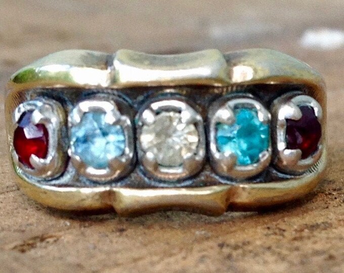 Vintage Multicolored Glass Stone Ring, Estate Ring, Sterling Silver, Mother's Ring Size 6, Lots