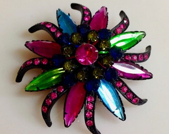 And Aqua Rhinestone Floral Brooch Green Vintage Selini Pink