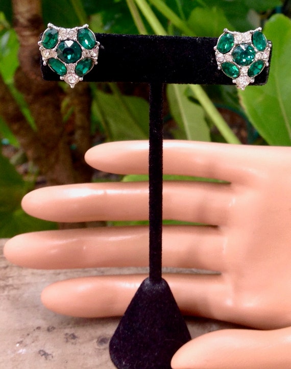 Vintage Bogoff Heart Earrings: Teal Rhinestone 19… - image 2