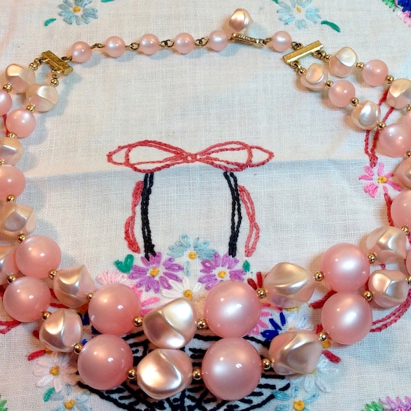 Vintage Signed CORO Bubblegum Pink Glowing Graduated Bead Necklace, Double Strand, Choker, Mid Century Necklace