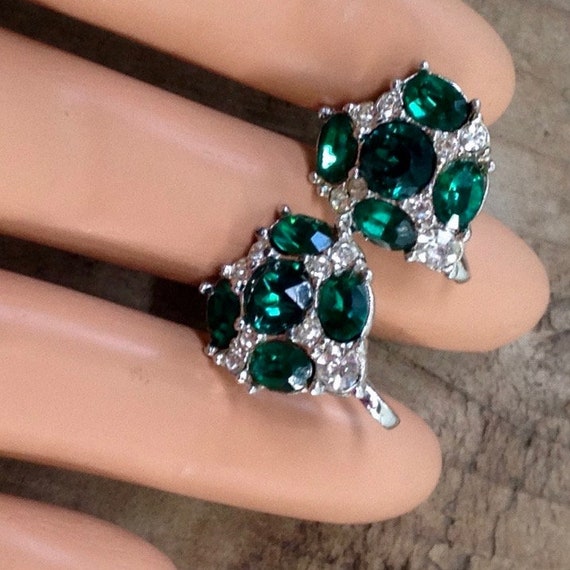 Vintage Bogoff Heart Earrings: Teal Rhinestone 19… - image 3