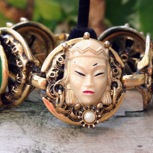 Rare Vintage Selro Asian Princess Faux Jade Link Bracelet, Ornate Filigree Gold Tone, Fold-Over Clasp, Iconic Collectable Selro Selini