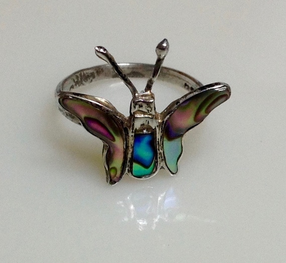 Vintage Taxco Sterling Silver Abalone Butterfly Ring, Mexican 