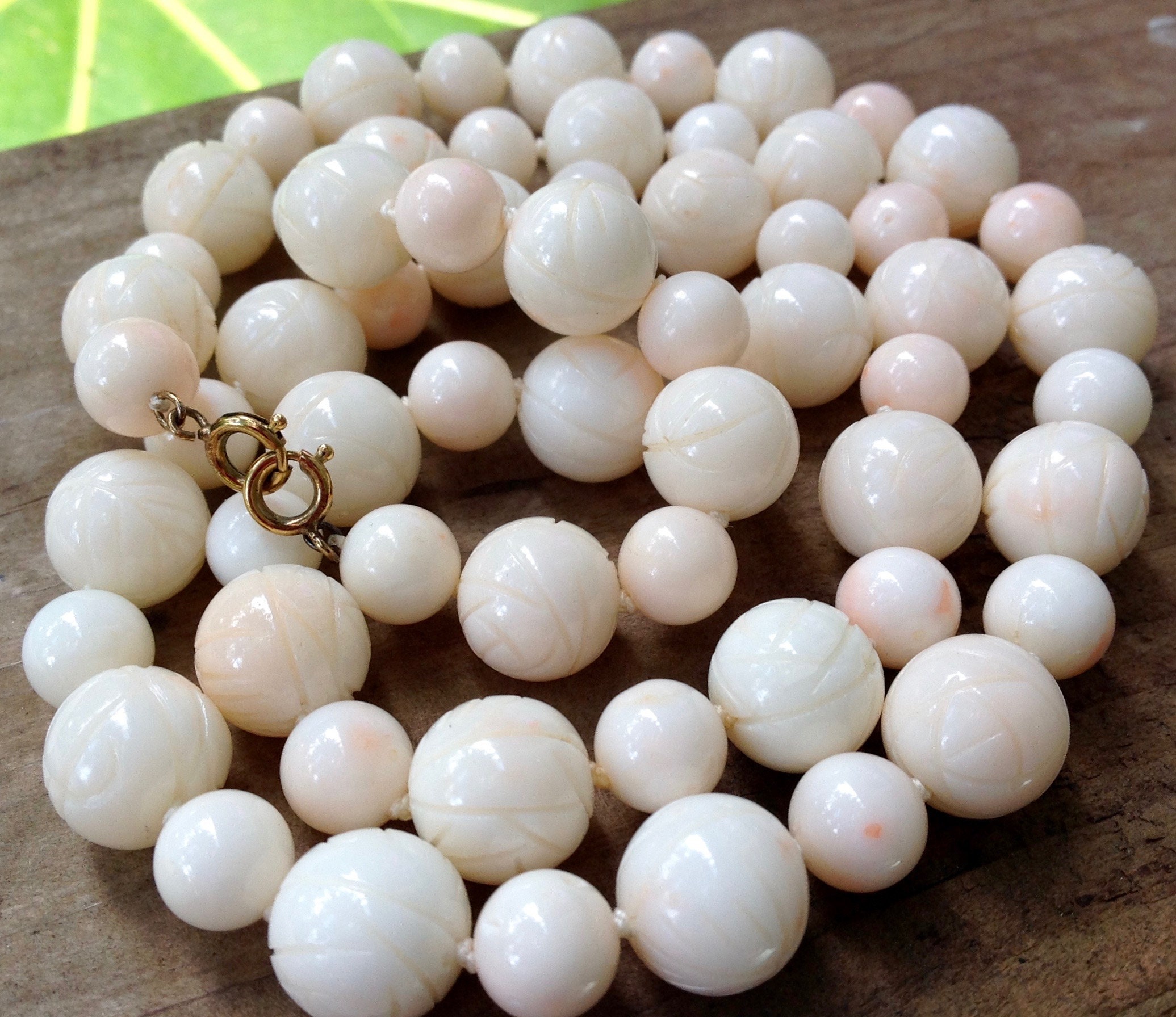 Antique Angel Skin Coral Bead Necklace Carved Lotus Flower Bloom