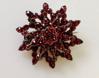 Antique Bohemian Garnet Snowflake or Starburst Brooch, 10K Silver Vermeil, 1900's, Rose-Cut Garnets, Layered, Victorian Jewelry