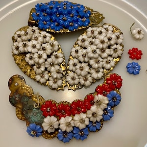 1930&#39;s Miriam Haskell Celluloid Daisy Dress Clip/Brooch Repair Lot, Unsigned Early Miriam Haskell - Red Blue White Celluloid Daisies, RARE