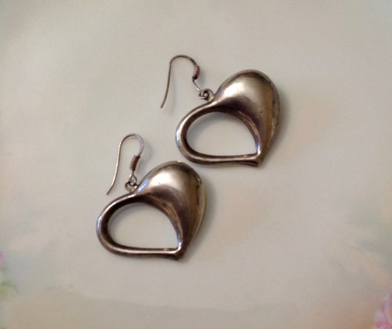 Vintage Sterling Silver Modernist Puffy Heart Ear… - image 1